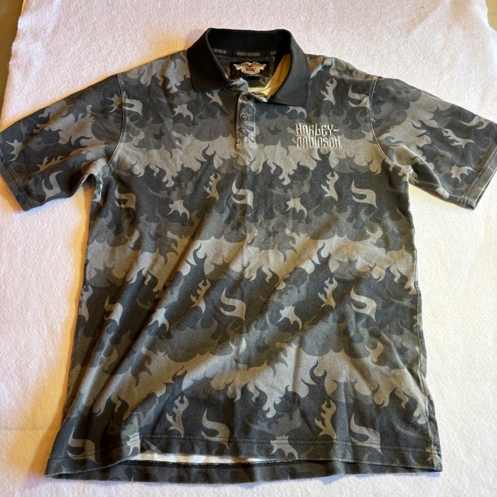 Harley‎ Davidson Mens Gray Flame Camo Embroidered Logo Polo Shirt Size M